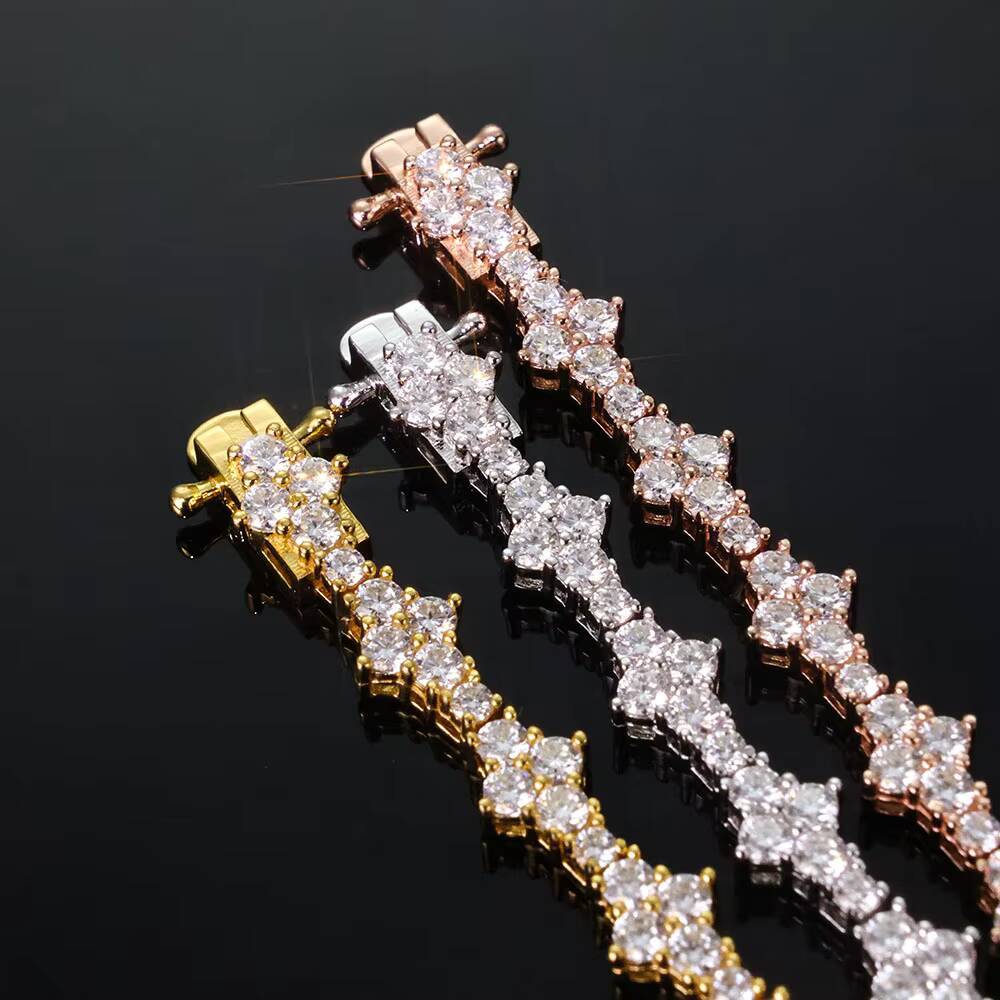 NUOYA Hiphop Jewelry 925 Sterling Silver Moissanite Tennis Chain Womens Necklace Iced Out VVS Diamond Flower Shape Tennis Chain