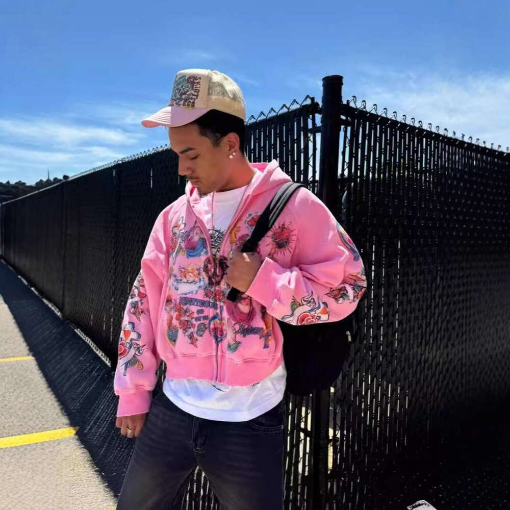 Pink Religious Tattoo Graphic Zip Up Hoodie, Y2K Vintage Cross Rose Print Streetwear Jacket