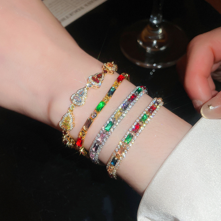 New model inlaid with three rows of colorful zircon tennis hip-hop bracelet, fashionable, simple, light luxury, unisex bracelet - view 4