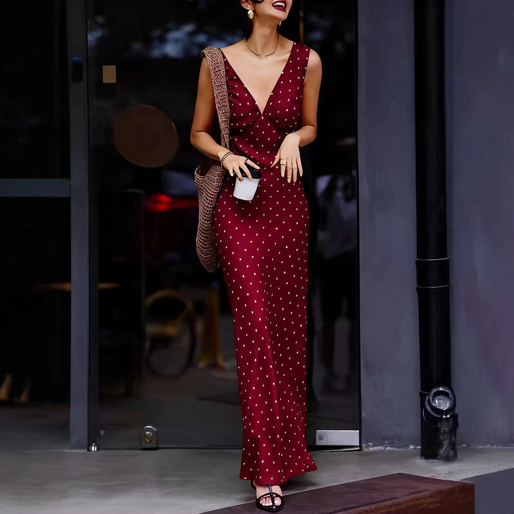 Elegant Retro Satin Polka Dot Long Dress French Style V Neck Sleeveless High Waist Slim Casual Vacation Dress Female MAKOUFEI
