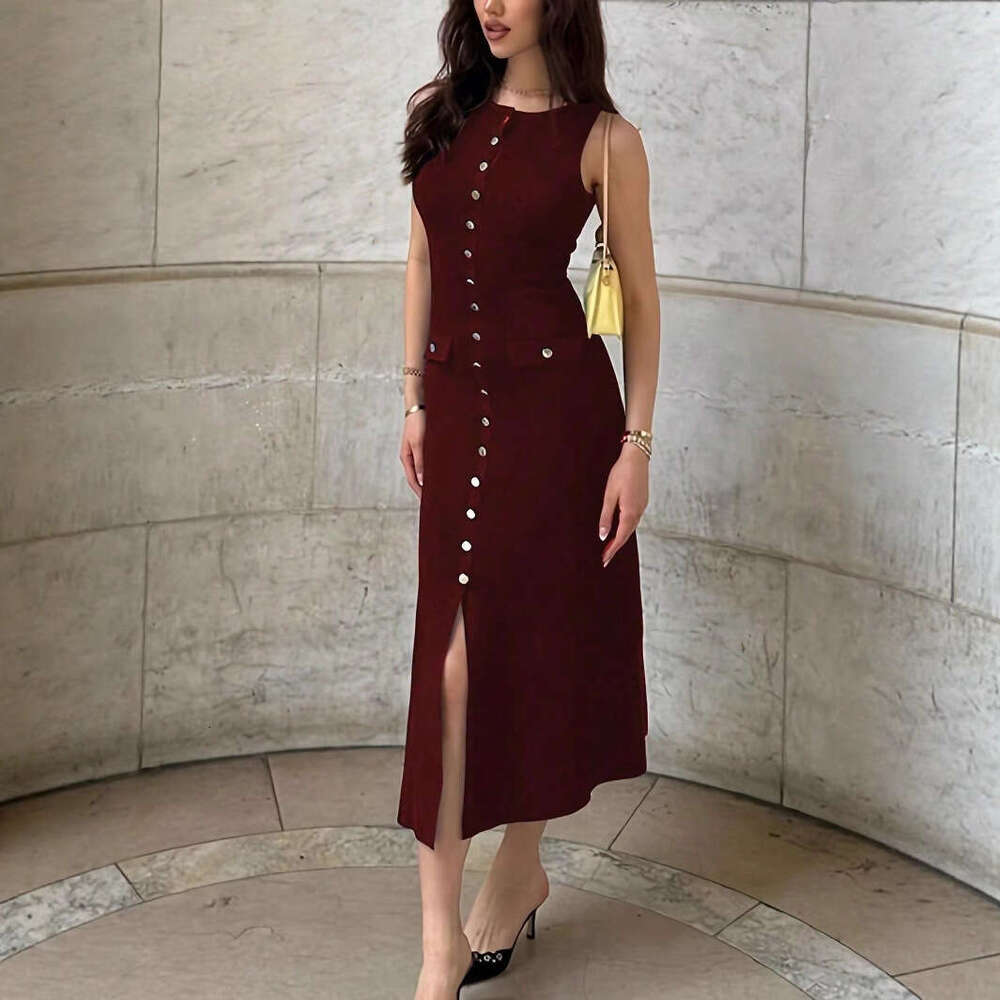 Luxury Brand Designer Clothes European And American Elegant Women's Knitted Ribbed Long Round Neck Sleeveless Button Slim Fit Dress
