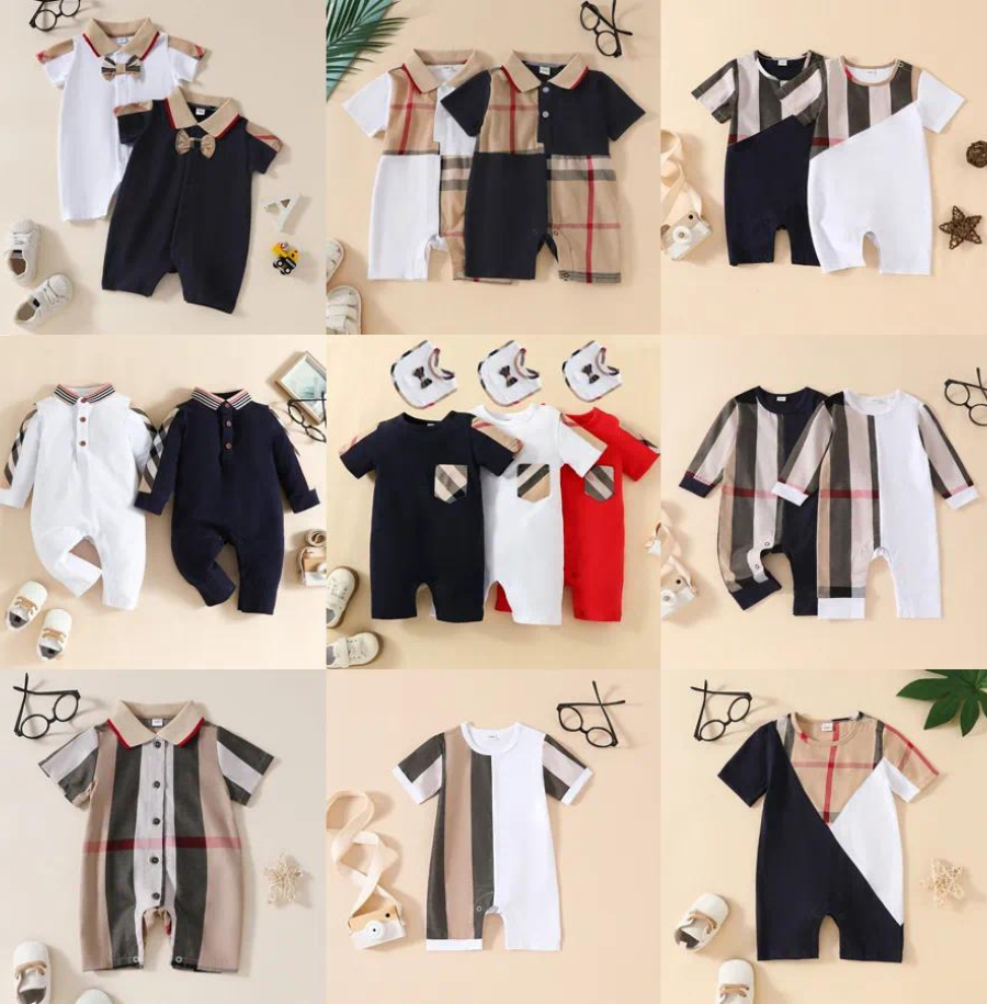 Baby Boy Romper Designer Collar Plaid Short Sleeve Cotton Jumpsuit Newborn Infant Gentleman Clothes Toddler Boy Outfit 0-24M A1