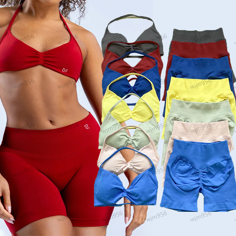 Dfyned Yoga Set Women 2 Piece Strappy Yoga Bra High Waist Workout Scrunch Shorts Sports Suit Fitness Clothes Seamless Gym Set Backless Tops Outft gym clothes women