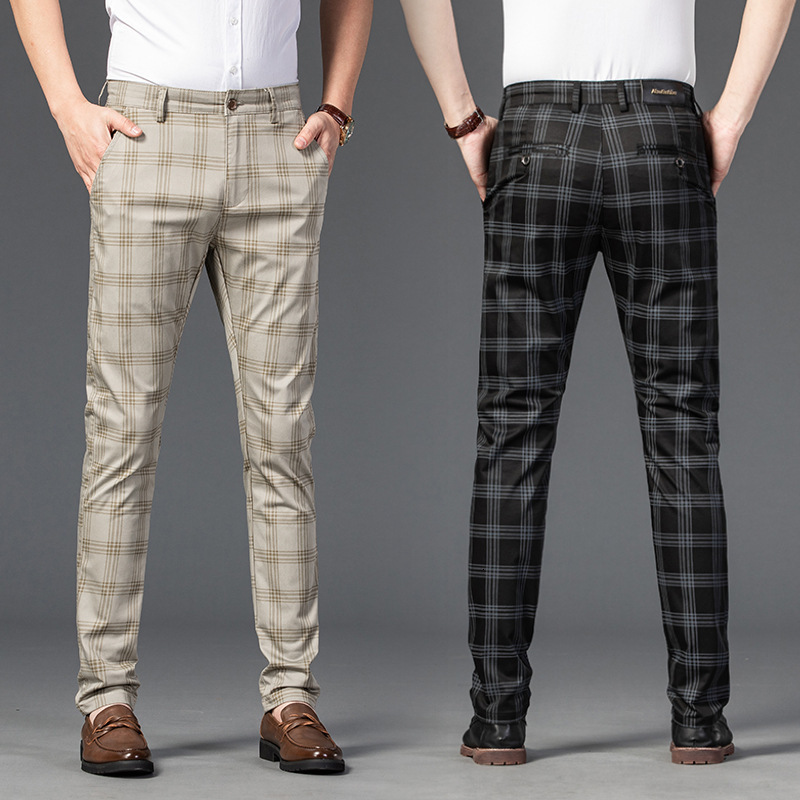 Male Designer's New Luxury Casual Pants, Men's Checkered Elastic Slim Fit Loose And Comfortable Business Straight Leg Pants Youth Fashion Tr