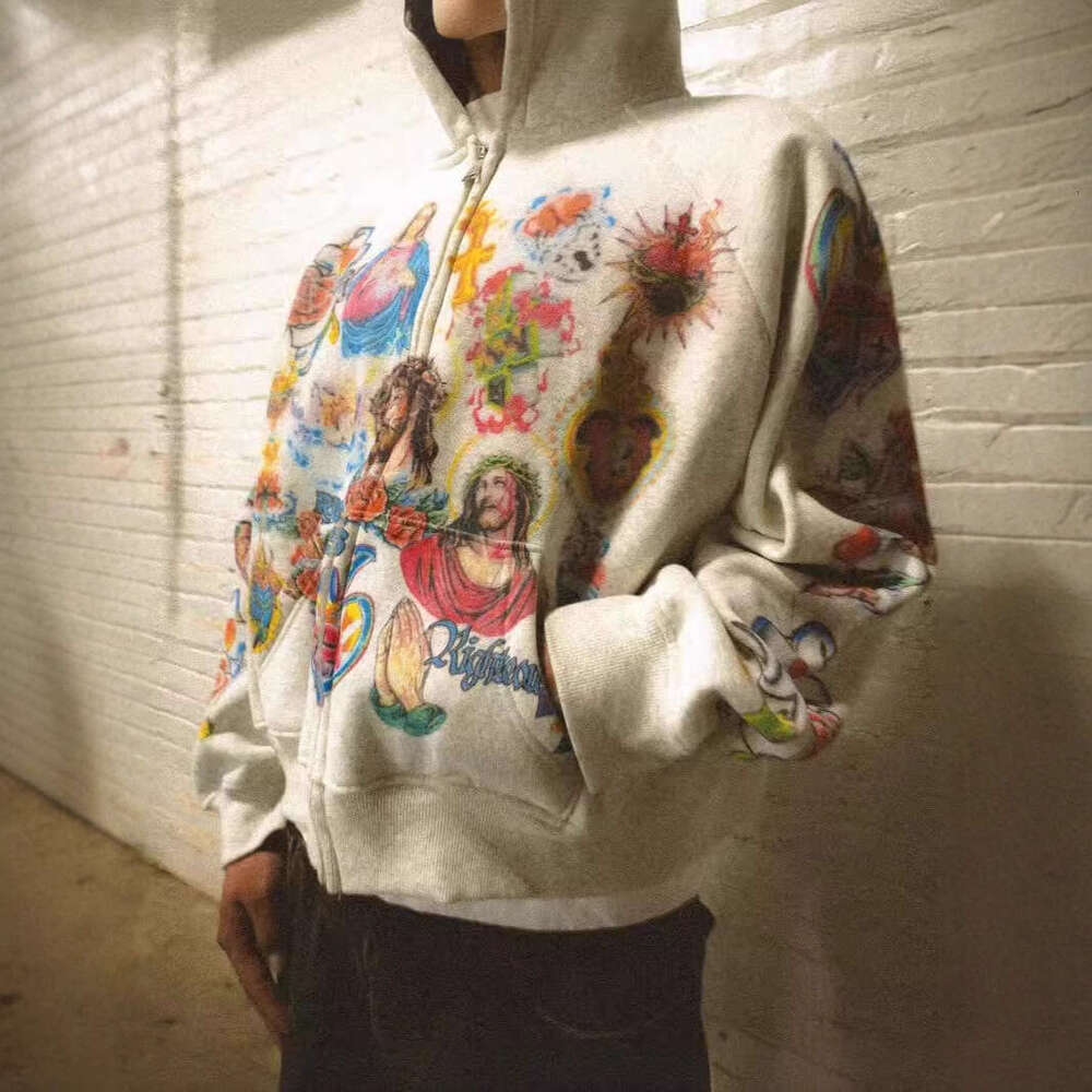 Pink Religious Tattoo Graphic Zip Up Hoodie, Y2K Vintage Cross Rose Print Streetwear Jacket
