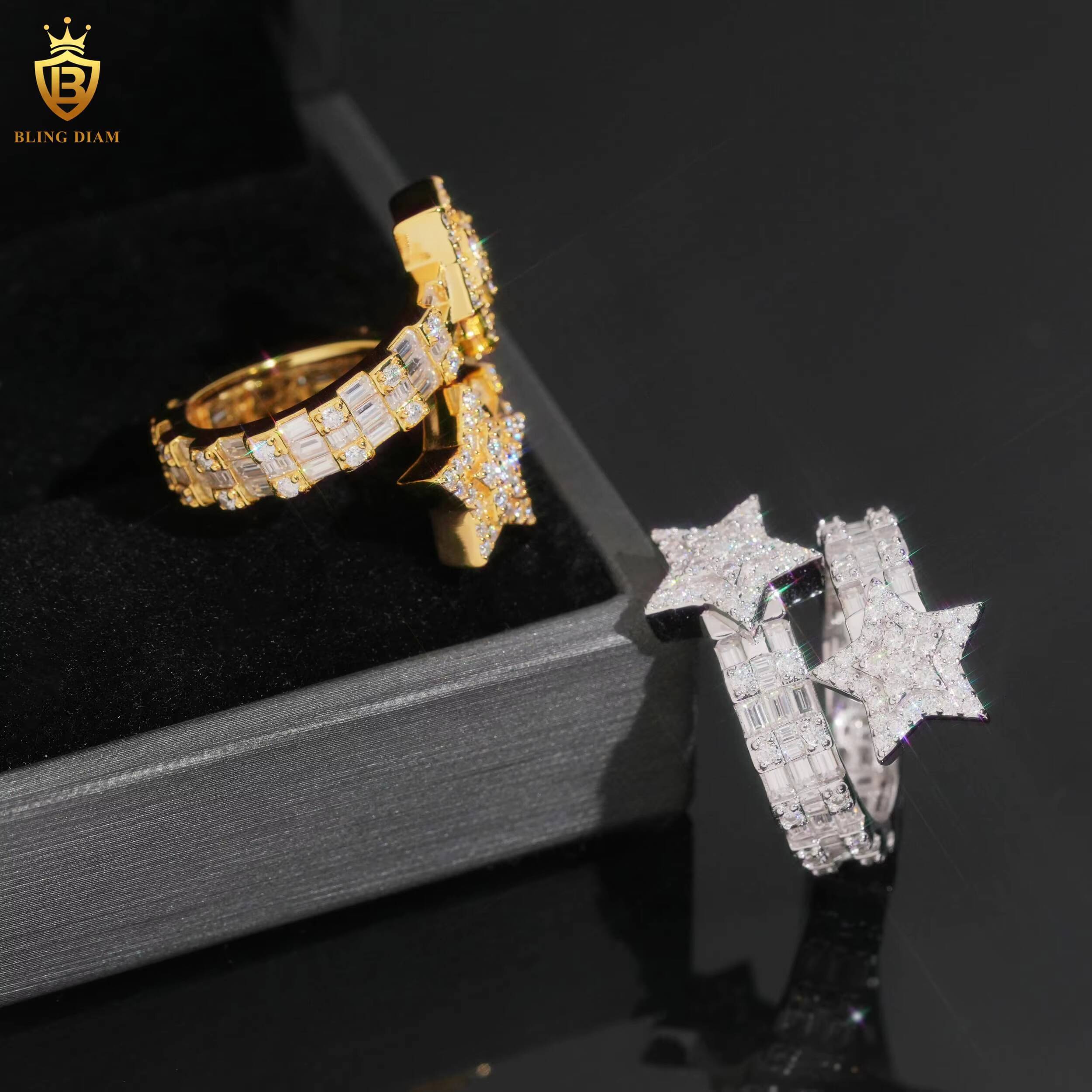 Luxury Hiphop 925 Sterling Silver Star Rings Engagement Moissanite Ring D VVS Fine Moissanite Jewelry Men Past Diamond Tester