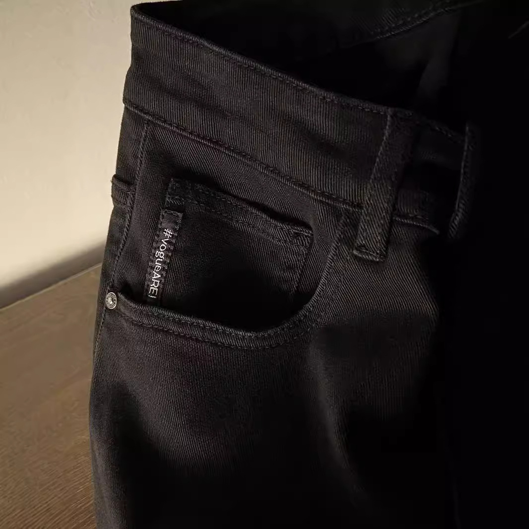American Designer's New Knee Resistant Luxury Wear Zipper Pure Black Versatile Jeans For Men Slim Fit And Slim Fit Cropped Pants, Korean Version 