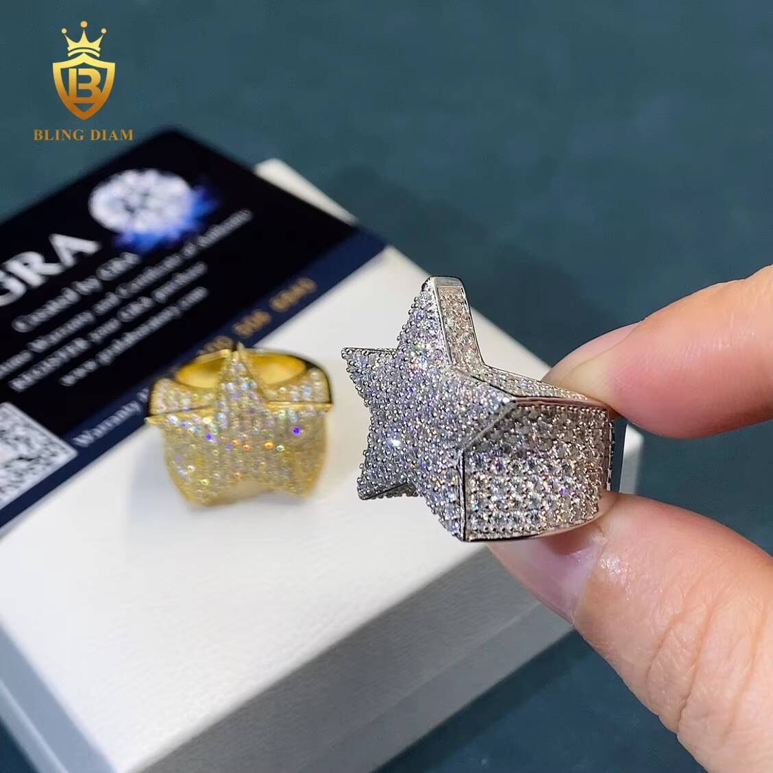 Iced Out Hip Hop Rings Star Shape Round Brilliant Cut VVS Moissanite Ring 925 Silver Rings GRA Certified Moissanite Ring Men