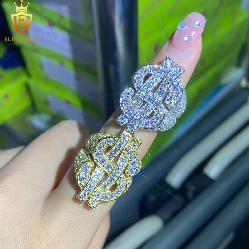 925 Sterling Silver Moissanite Rings Dollar-Shaped Ring Iced Out Moissanite Hip Hop Style Jewelry Ring Pass Diamond Test GRA
