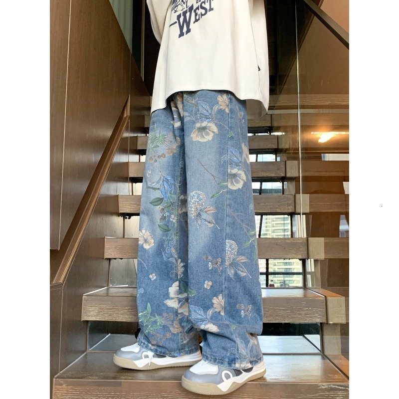Spring And Summer Chinese Style New American Printed Jeans, Loose Men's Luxury Designer Fashion Versatile Brand, Loose Fit Casual Wide Leg Pants