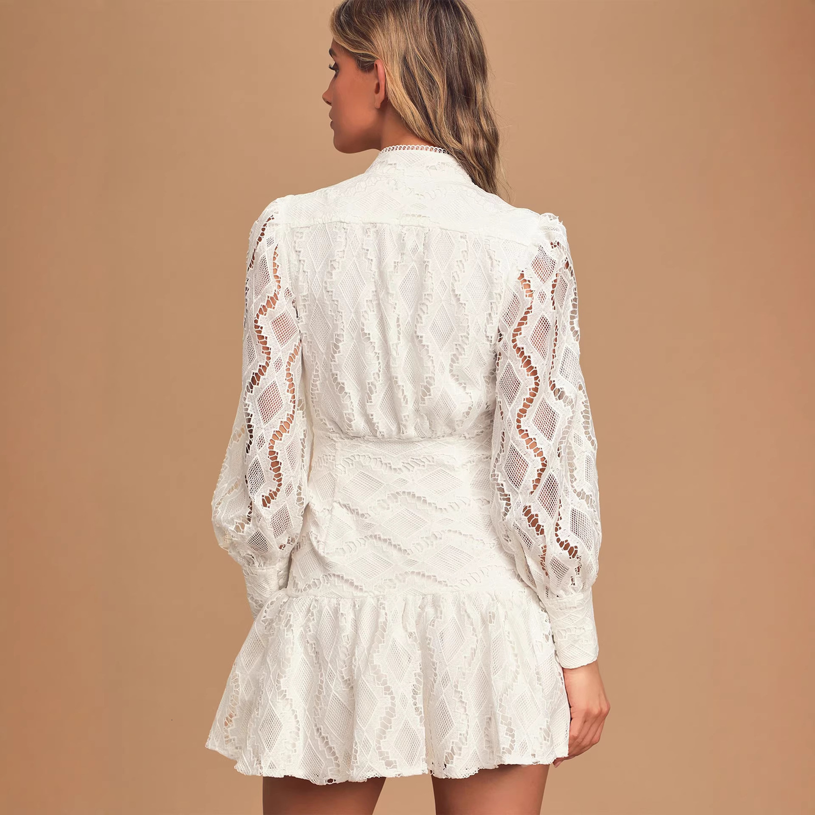 2026 Forest-style gentle white lace short dress with half-high collar lace lantern sleeves and sheer design 210730