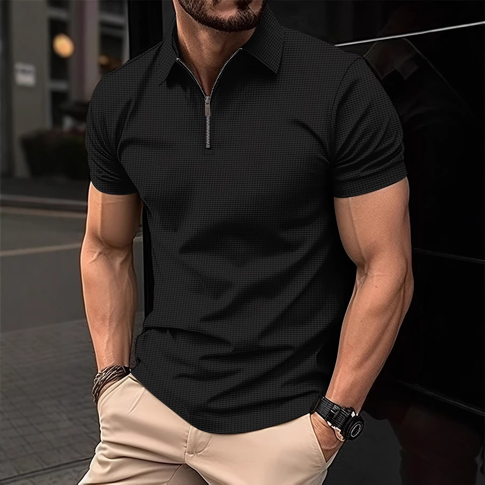 2024 Summer Mens -Selling Henry Shirt Solid Color Zipper Standing Collar Short-Sleeved Slim Casual Sports Mens Shirt 240806