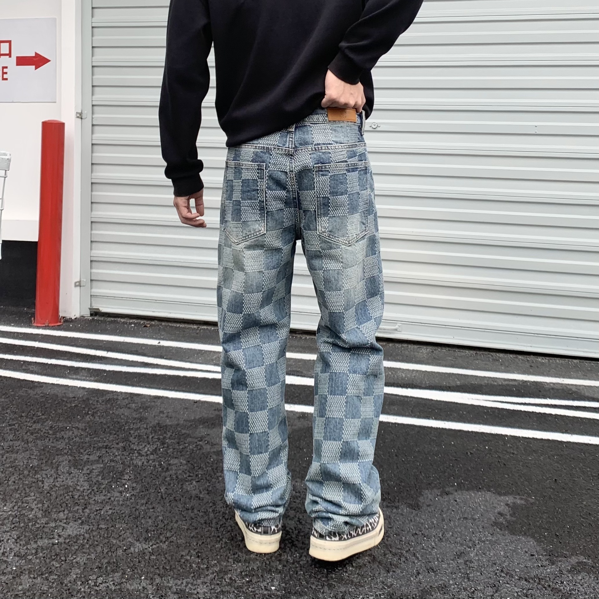 New American-style Trendy Brand Loose Luxury Straight-leg Plaid Patchwork Jeans For Loose Men High Street Retro Casual Pants Designer For Men