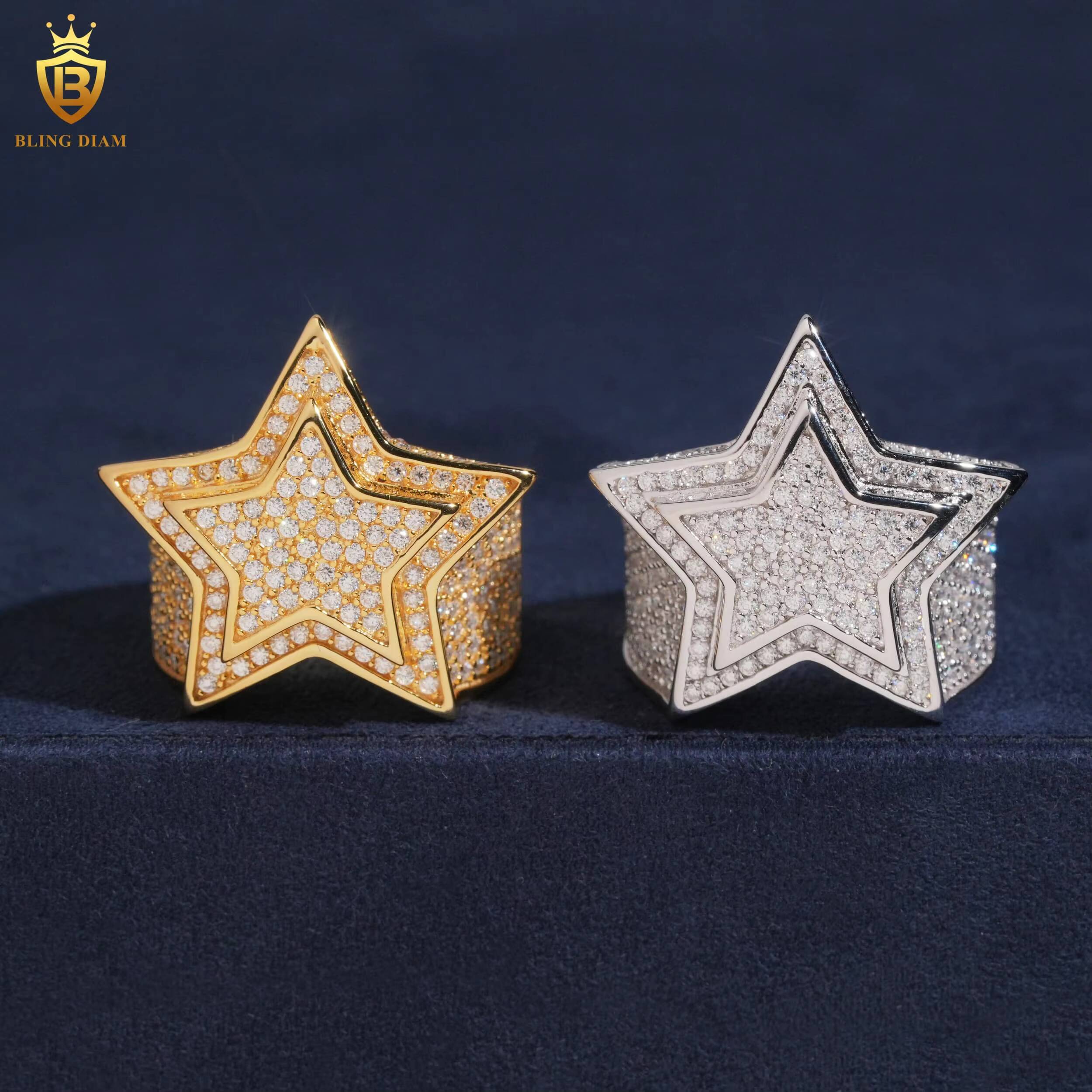 Wholesale Hip Hop Jewelry 925 Sterling Silver Gold-Plated Vvs Moissanite Ice Out Mens Star Rings Rapper Rock