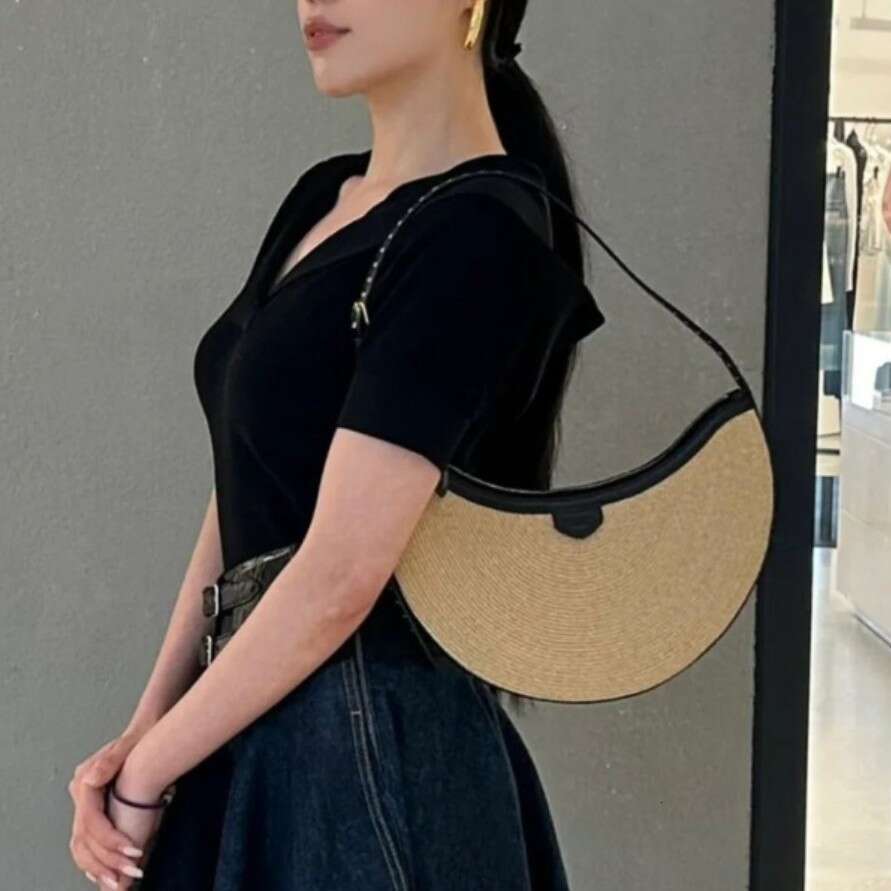 Straw Leather Crescent Bag Women Summer Beach Vacation Casual Shoulder Handbag Trendy Bohemia Lightweight Daily Travel Fashion SENYY