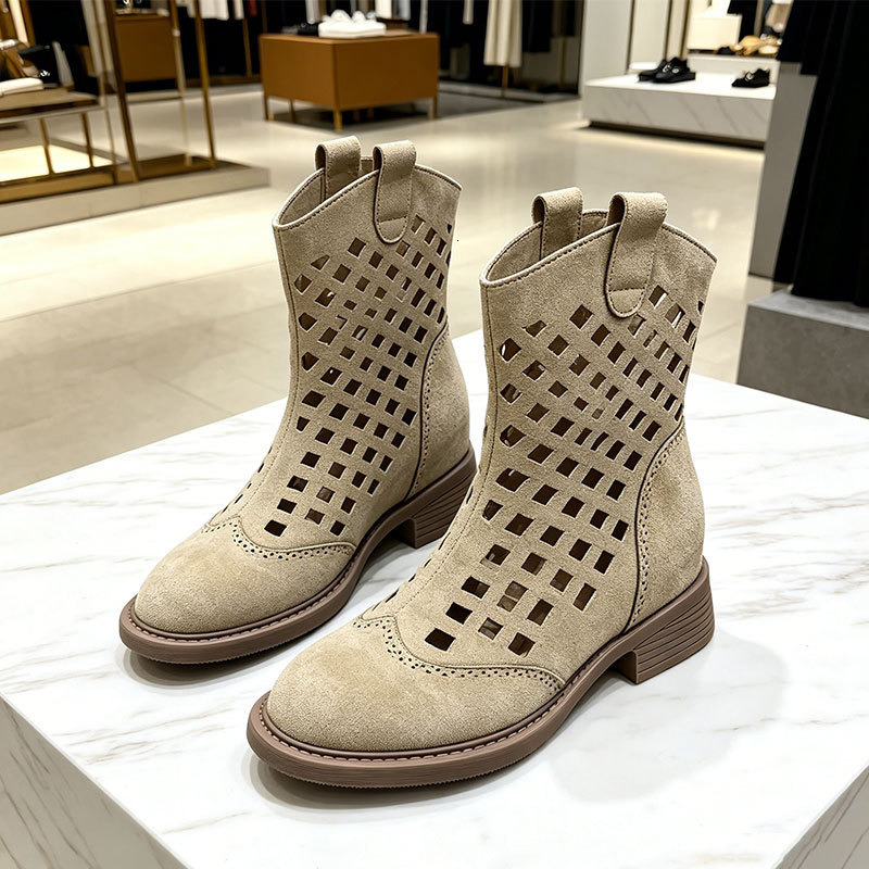 New Summer Women's Hollow Out Short Boots Pointed Toe Mid Calf Boots with Hidden Inner Height Increase Khaki Western Cowboy Boots for Women Breat
