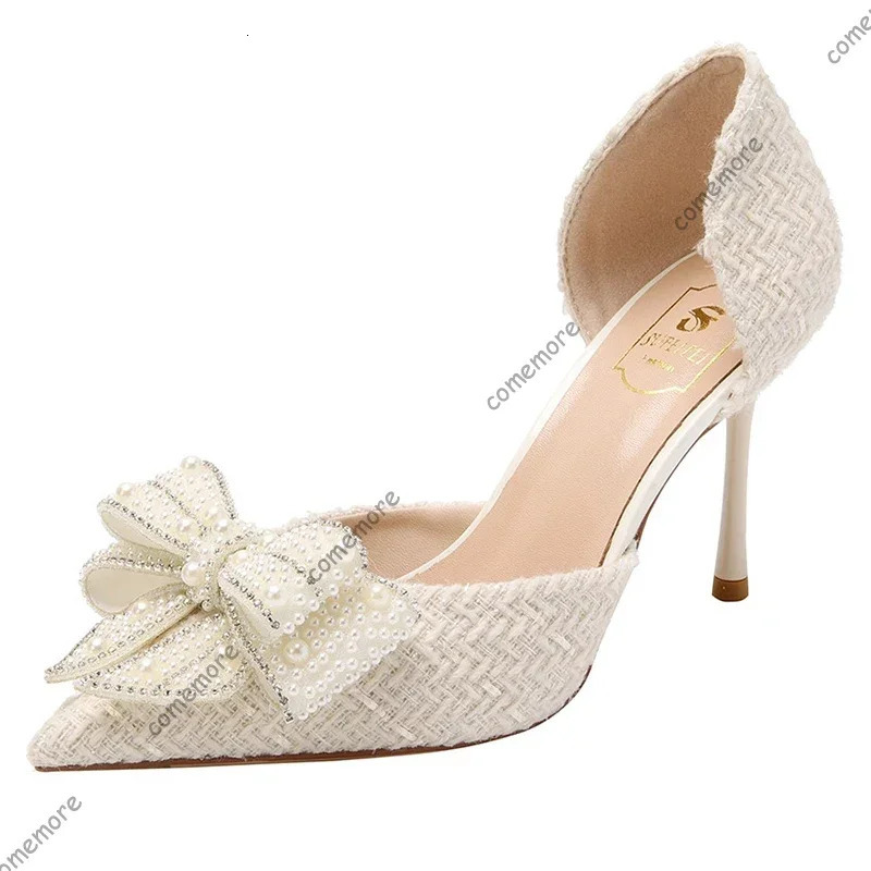 Comemore Sexy Pearl Crystal Bowtie White Wedding Shoes Women Autumn Fashion 6/8cm High Heels Pumps Woman Thin Heeled Party Shoes 260420 - view 7