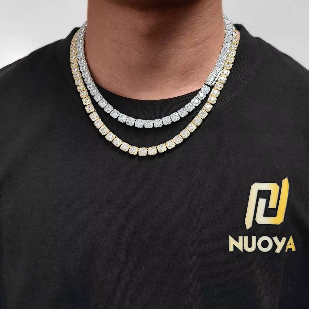 Nuoya Luxury VVS Moissanite Tennis Chain Custom 7mm 925 Sterling Silver Cluster Diamond Necklace Jewelry for Women