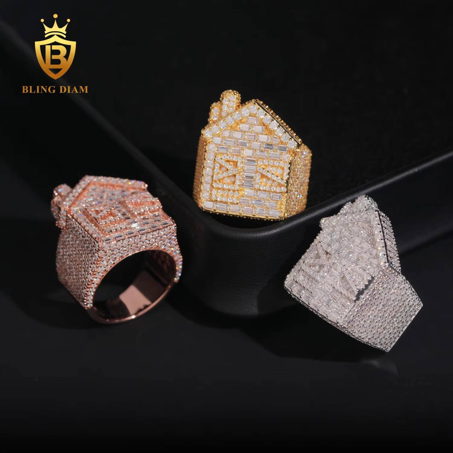 Iced Out Cuban House Ring Mens Hip Hop Jewelry 925 Sterling Silver Vvs1 Emerald Square Stone Cut Moissanite Diamond