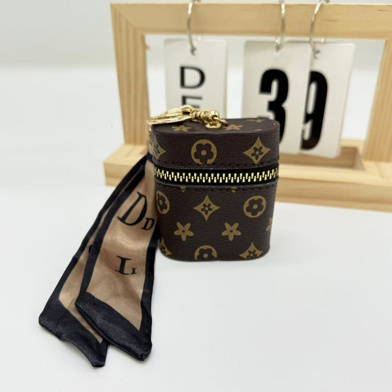 Luxury Designer Mini Cylinder Floral Coin Purse, Zipper Portable Storage Pouch with Silk Scarf Carabiner Keyring