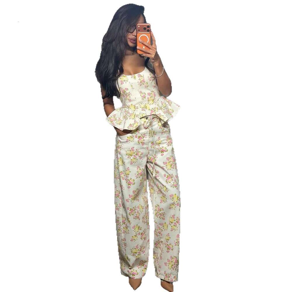 2026 New Spring Women Sweet Ruffled Floral Pants Set Sleeveless High Waist Slim Fit 2 Piece Outfits European American Casual Wear MAKOUFEI