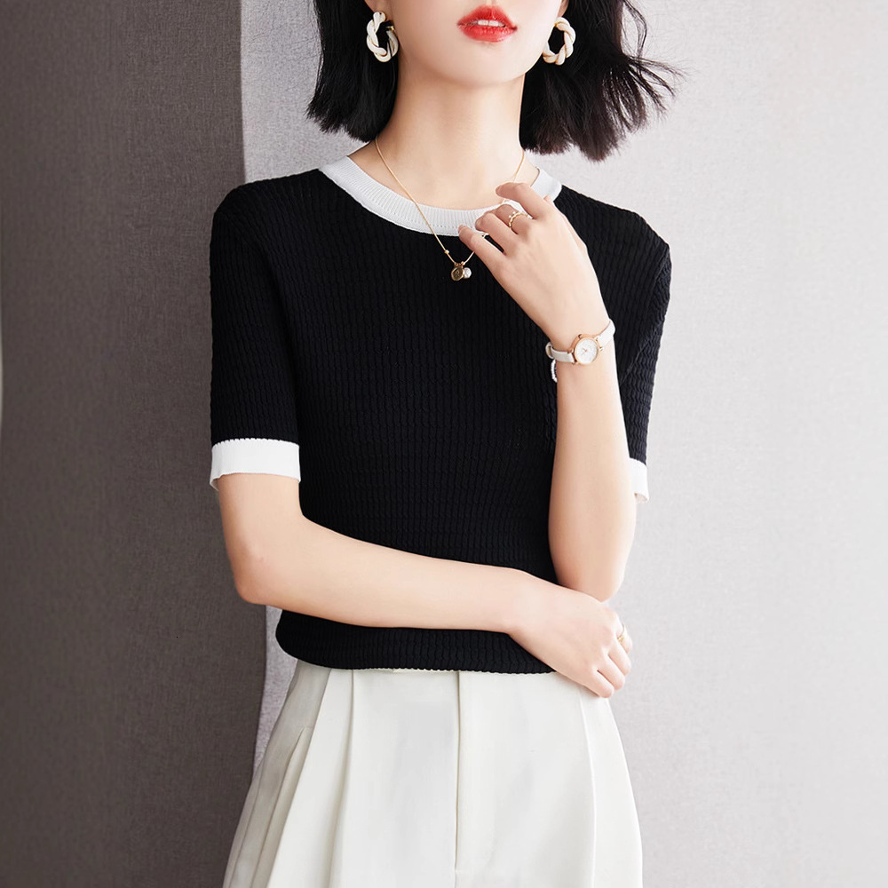 2026 New Designer Women's Luxury Brand Knitted T-shirt High Neck Thin Ice Silk Breathable Fashion Leisure Versatile Outdoor Sports Short Sleeve W