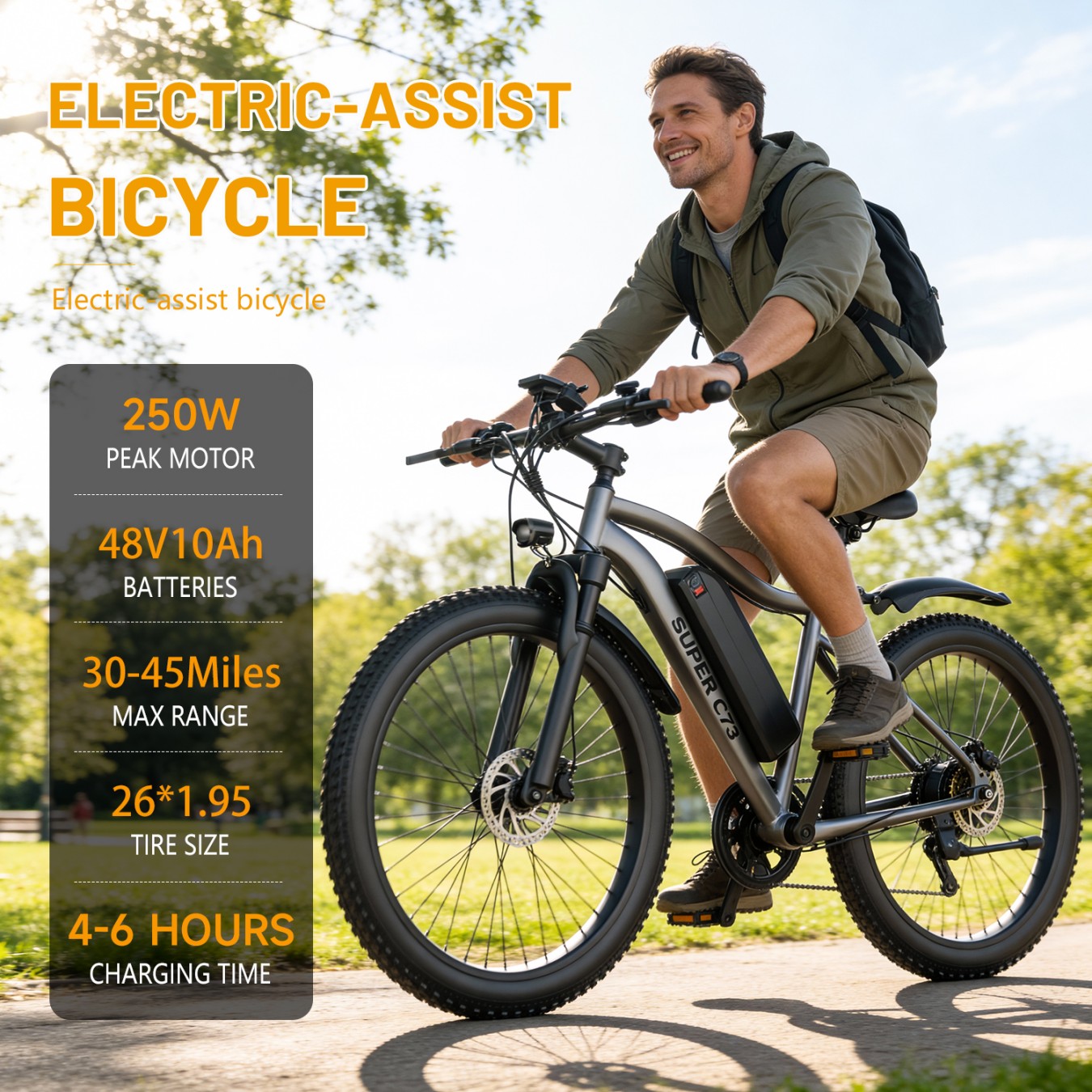 LIZIFLY G73 26 Inch Electric Mountain Bike Off-road 250W Adults E-Bike 48V 13AH Commuter Bicycle 60km Long range 25kmh