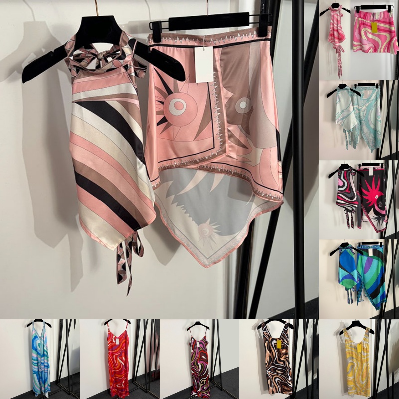 Luxury Women Halter Dress Sexy Backless Triangle Vest Slit Skirts Outfits Designer Irregular Printed Dresses Summer Beach Resortwear