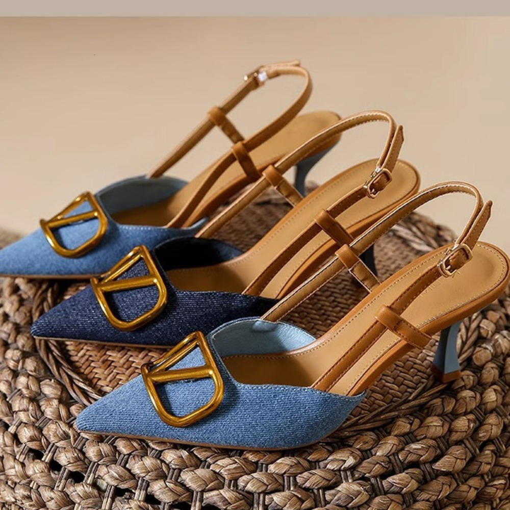 Women's Denim Pointed Toe Heels Metal Buckle Elegant Pointed High-End Toe Stiletto Heels Versatile Denim Fabric High Heel Sandals big size