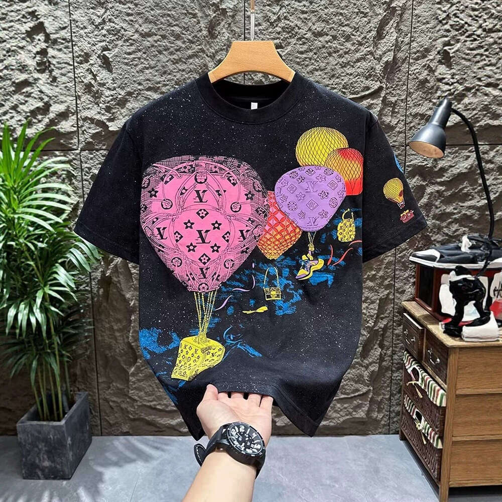 Men's Summer Crew Neck T Shirt Washed Tie Dye With Colorful Hot Air Balloon Monogram Print Short Sleeve Casual Streetwear Top For Daily Wear And 