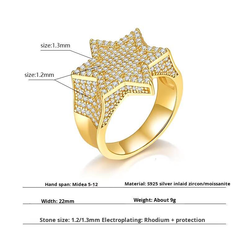 European American Style 18K Gold Plated Moissanite Six-Pointed Star Ring Womens Hip Hop Daily Wear Ring for Men