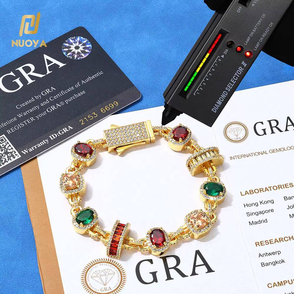 NUOYA 15mm New Arrival Hip Hop Bracelet 925 Silver Platinum Geometric Chain Colorful VVS Moissanite Jewelry