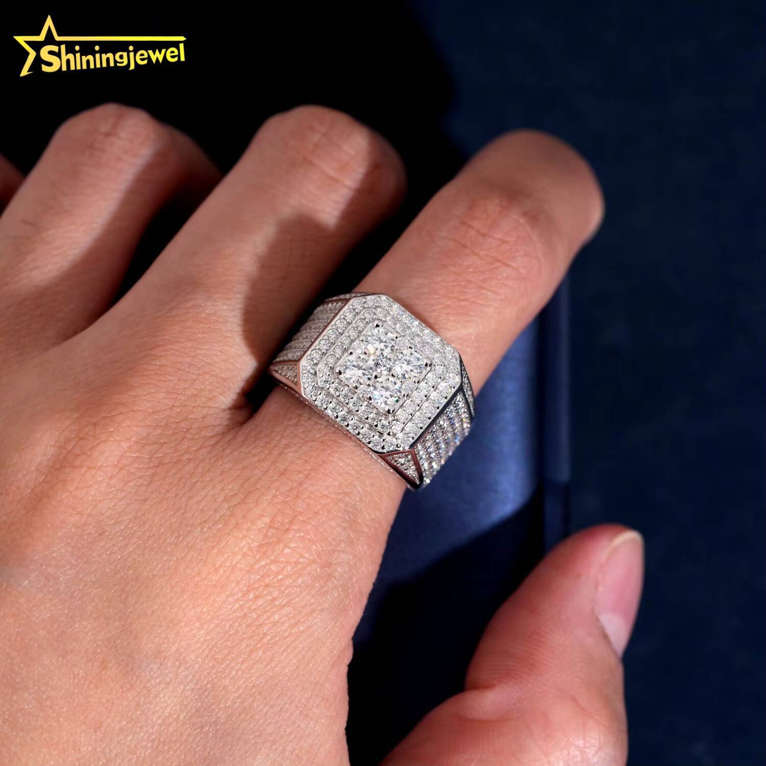 Affordable Square Front Top Ring Pass Diamond Tester Hip Hop Jewelry 925 Silver Fully Iced Round Diamond Moissanite Men Ring