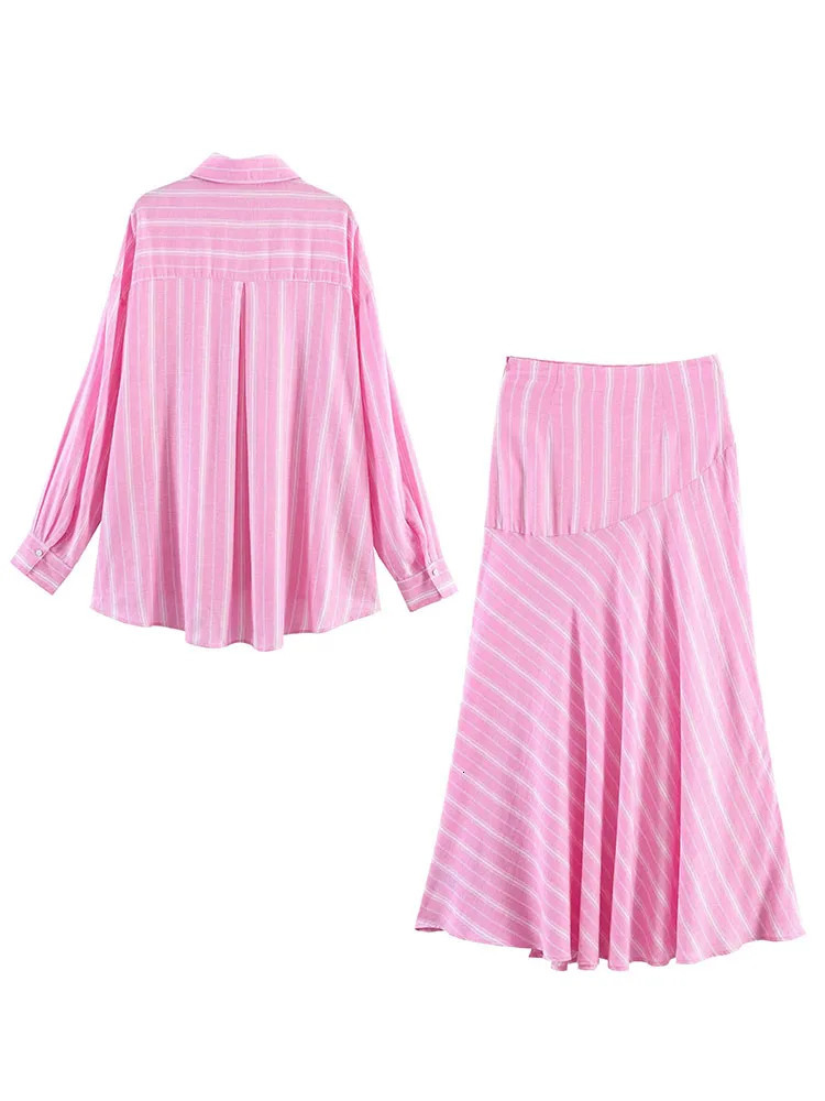 HH Women Fashion Skirt Suit Pink Stripes Long Sleeves Lapel Single Breasted Casual Shirt TopZipper Splicing Pleated Long Skirt 260420