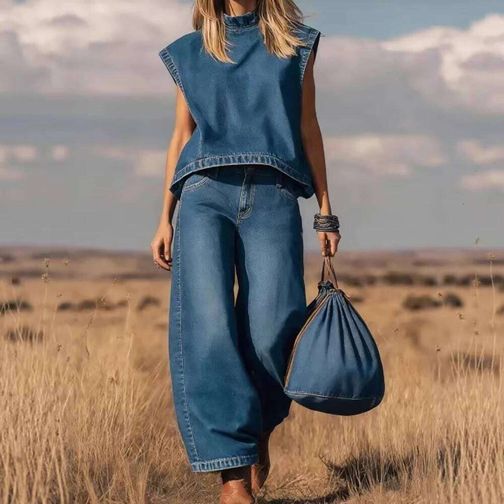 Women's Vintage Western Denim Vest Top Two Piece Set Solid Crew Neck Sleeveless Loose T-Shirt With Wide Leg Pants Y2k Sets WONST