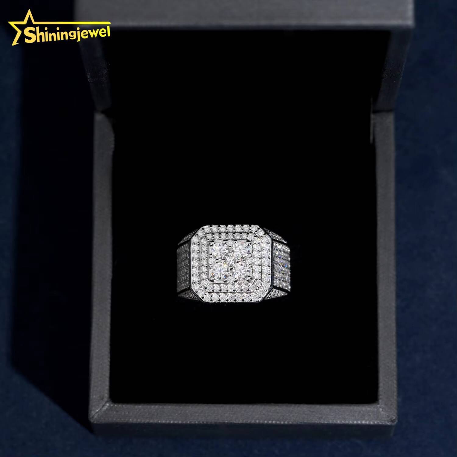 Affordable Square Front Top Ring Pass Diamond Tester Hip Hop Jewelry 925 Silver Fully Iced Round Diamond Moissanite Men Ring