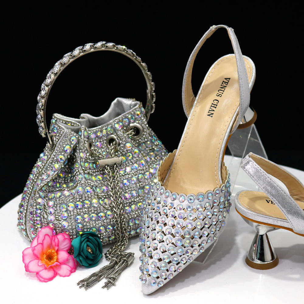 Chan Pointed Womens Heel Elegant Party Wine Color Full Diamond Pump Italian Shoes and Bag Matching Set 241015bj - view 4