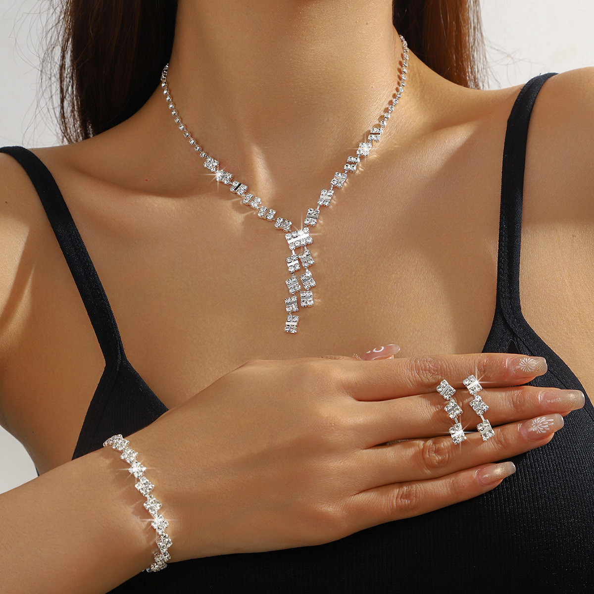 Royal Blue Crystal Bridal Jewelry Sets Rhinestone Statement Choker Necklace Earrings Women Wedding Jewelry Sets 260127