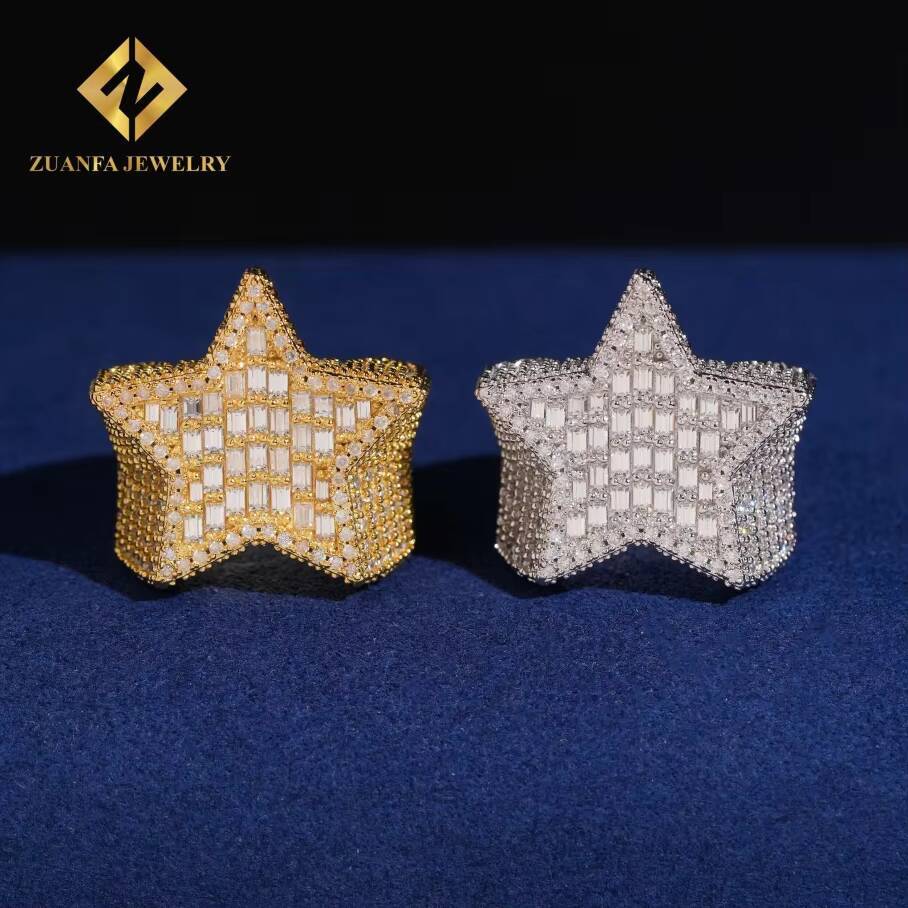 Fine Jewelry Fully Iced Out Diamond Hip Hop Rapper 925 Silver Gold Plated Moissanite Star Rings for Men