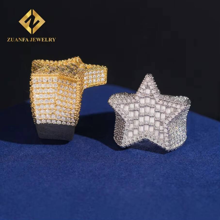 Fine Jewelry Fully Iced Out Diamond Hip Hop Rapper 925 Silver Gold Plated Moissanite Star Rings for Men