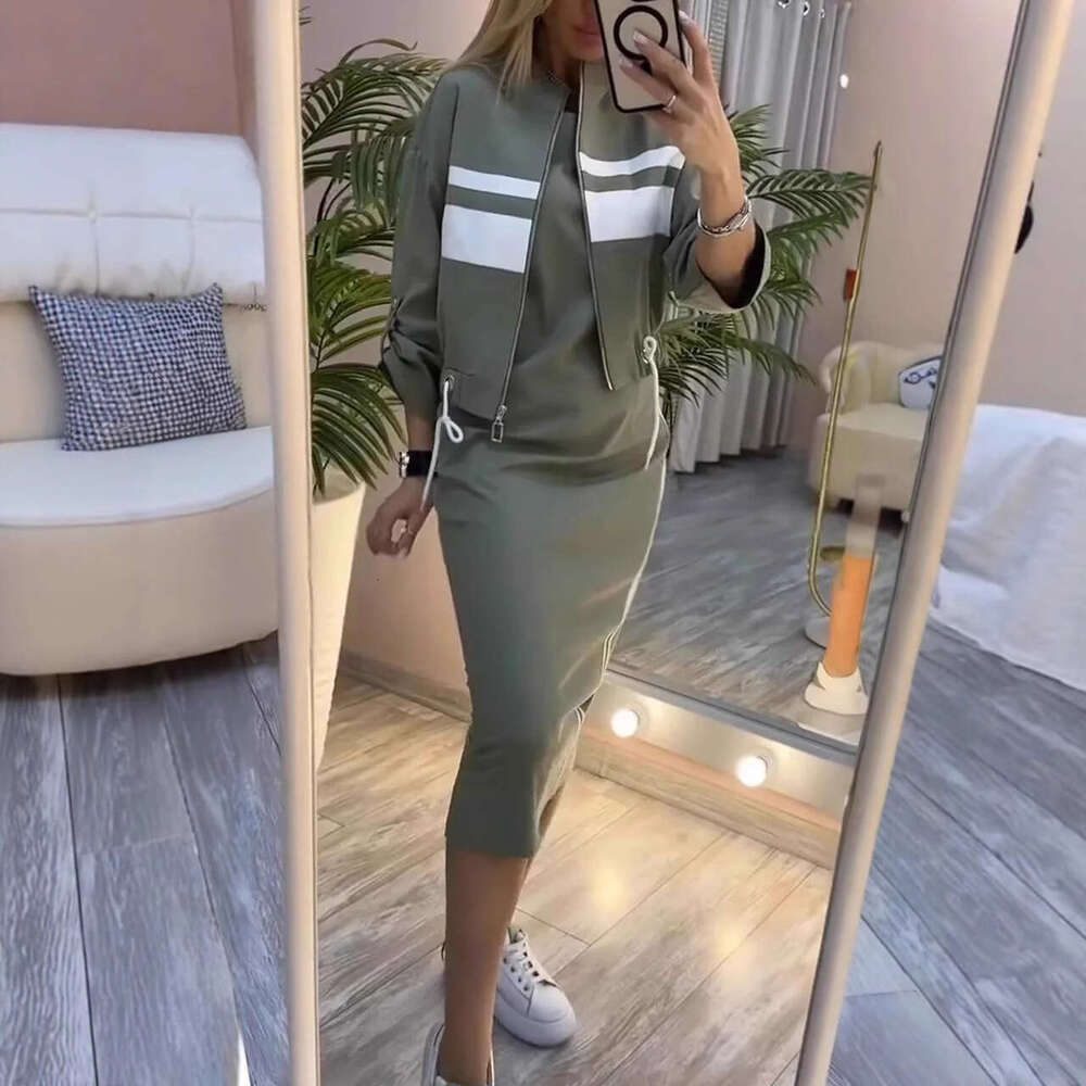 2026 Autumn Winter Women 2 Piece Outfits Bodycon Midi Dress Zipper Jacket Coat White Striped Slim Fit Streetwear MAKOUFEI