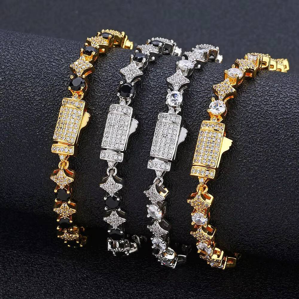 NUOYA High Quality Star Shape Tennis Chain with Black CZ Stone 6mm Silver Plated Tennis Bracelet Hip Hop Jewelry for Women/Men