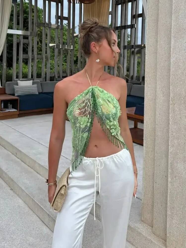 3D Floral Beads Sequined Green Skirts Women Sexy Mesh Lace up Tassel Beach Cover Female Holiday Party Skirt Summer Outfits dongdumaoyi