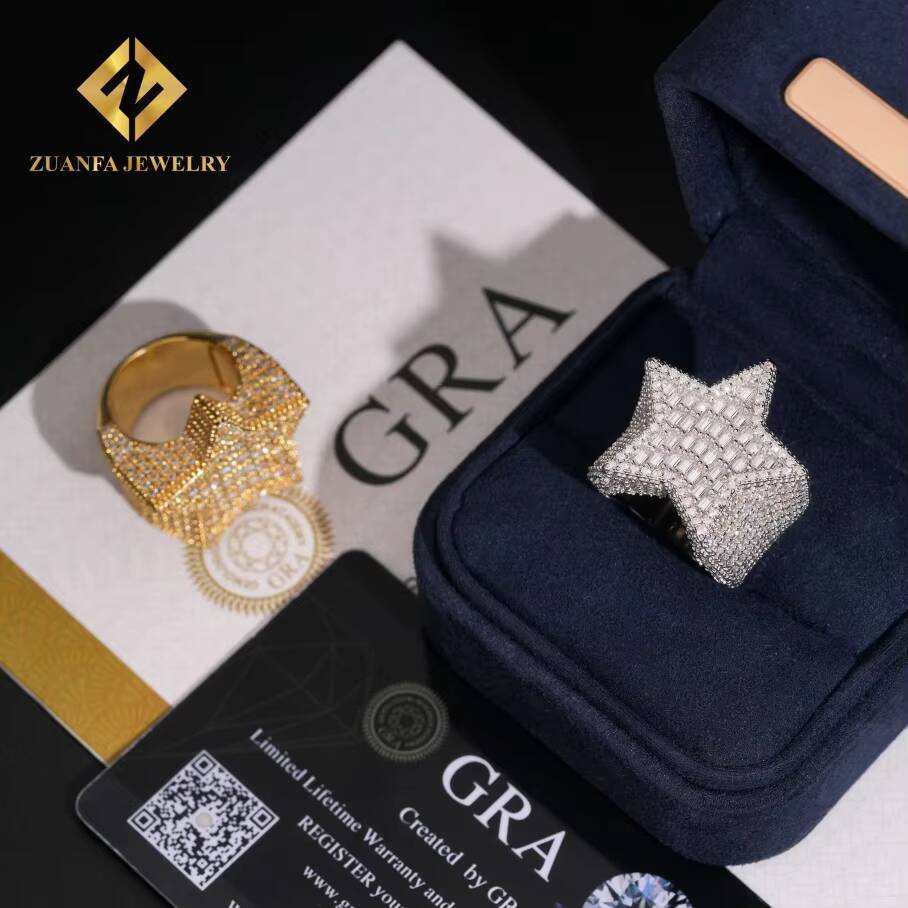 Fine Jewelry Fully Iced Out Diamond Hip Hop Rapper 925 Silver Gold Plated Moissanite Star Rings for Men