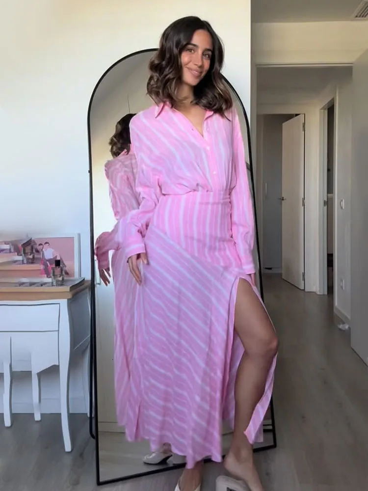 HH Women Fashion Skirt Suit Pink Stripes Long Sleeves Lapel Single Breasted Casual Shirt TopZipper Splicing Pleated Long Skirt 260420
