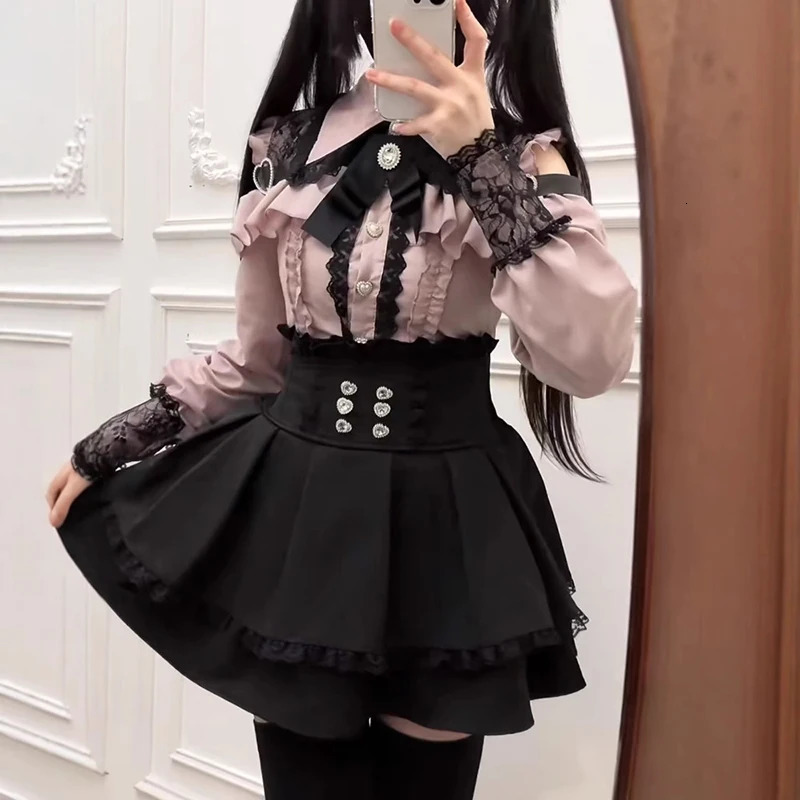 Jirai kei Shirt JK Skirt Japanese Style Lolita Y2K Sweet School Uniform Blouse Top Dress Darkness Outfit Women Girls Theme Party 260420