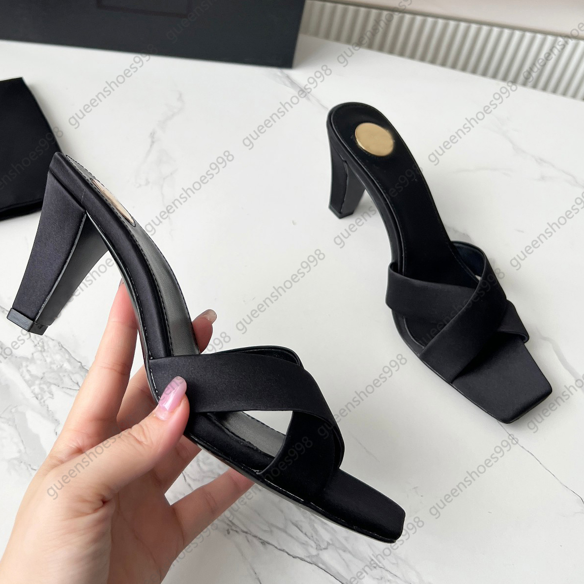 Fashion cross silk slippers women coarse heels luxurious designer sandals casual patent leather party high heels metal buckles simple summer travel shoes size 35-43