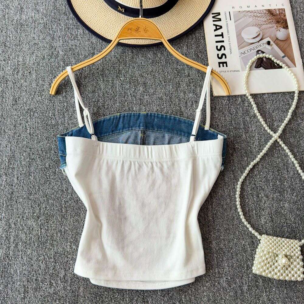 American Retro Style Letter-Embroidered Tube Top For Women, New Summer Fashion Denim Patchwork Camisole