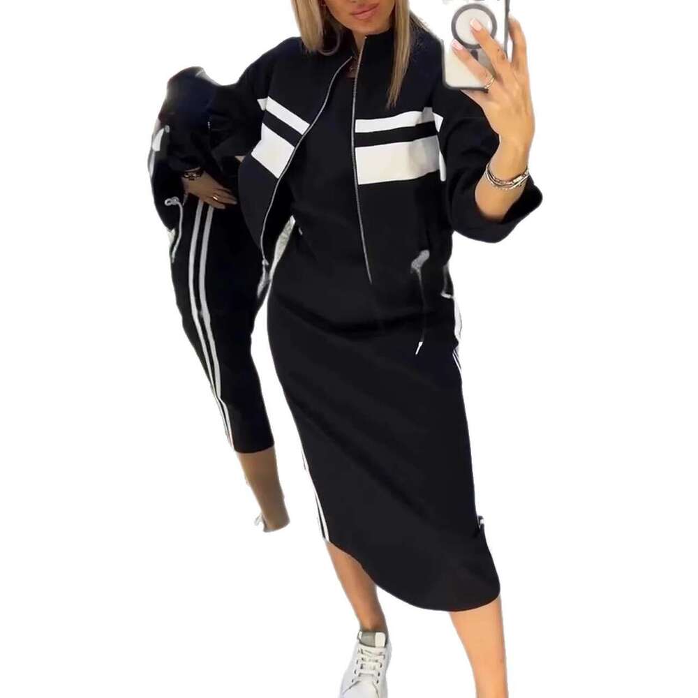 2026 Autumn Winter Women 2 Piece Outfits Bodycon Midi Dress Zipper Jacket Coat White Striped Slim Fit Streetwear MAKOUFEI