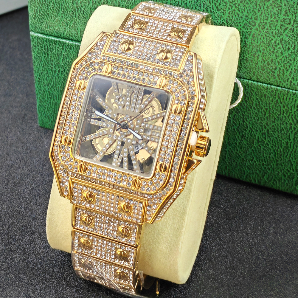 Fashion Square Watch Starry Sky Steel Band Diamond-Studded Watch European and American Men's Quartz Watch Hip-Hop Watch for Men